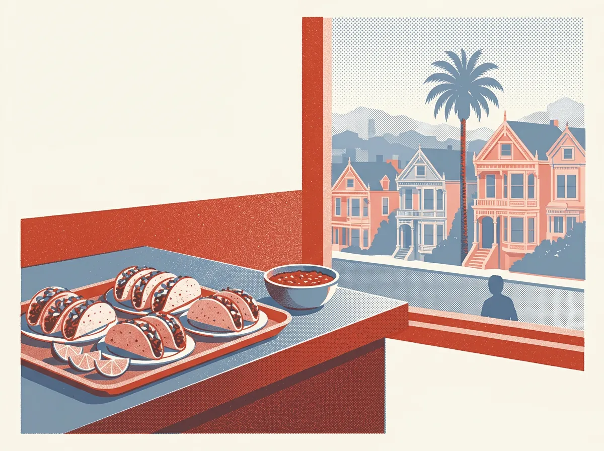 Illustration of taquerias in the Mission